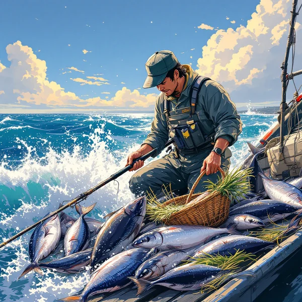 Anime Fisherman at Sea Illustration