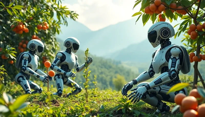 AI Bio-Robots & Nature: Harmony, Planting, Joyful Harvest